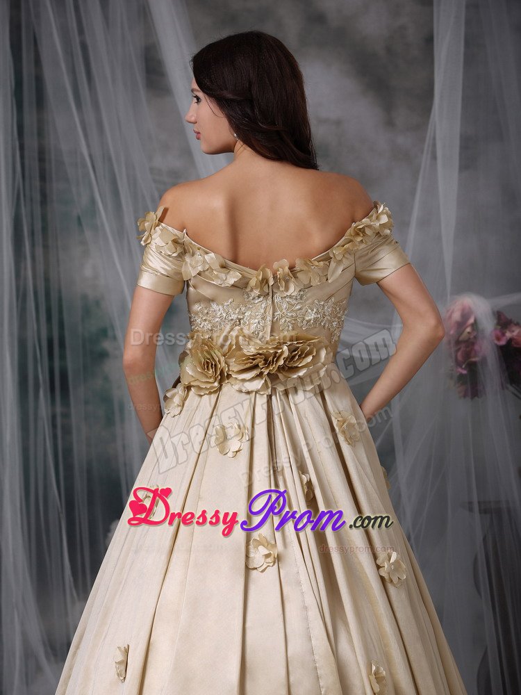 Champagne Off Shoulder Prom Graduation Dress with Short Sleeves
