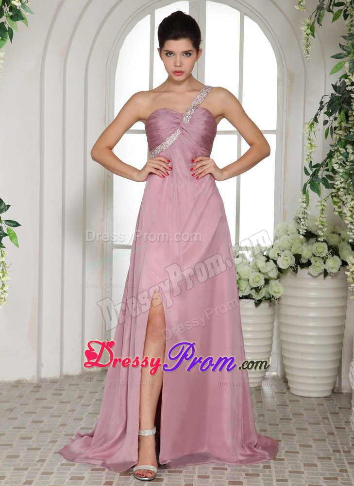 Ruched and Beaded One Shoulder Pink Brush Prom Graduation Dress
