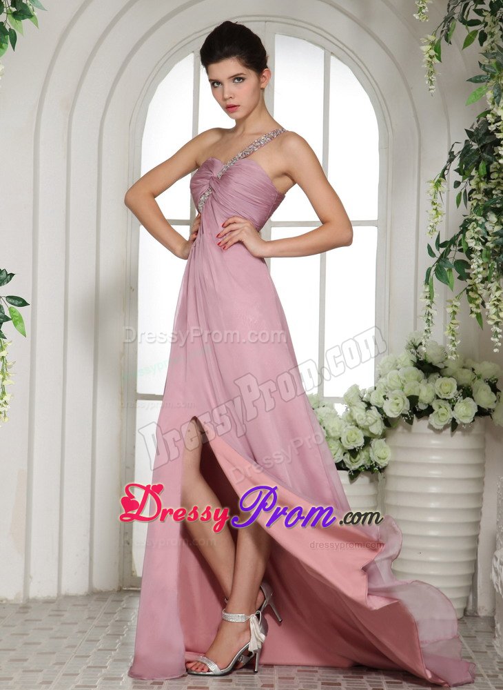 Ruched and Beaded One Shoulder Pink Brush Prom Graduation Dress