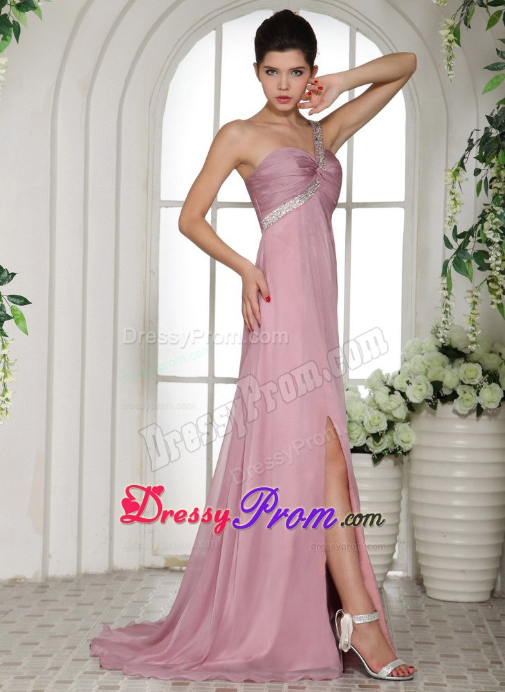 Ruched and Beaded One Shoulder Pink Brush Prom Graduation Dress