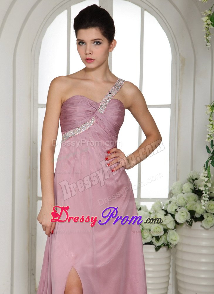 Ruched and Beaded One Shoulder Pink Brush Prom Graduation Dress