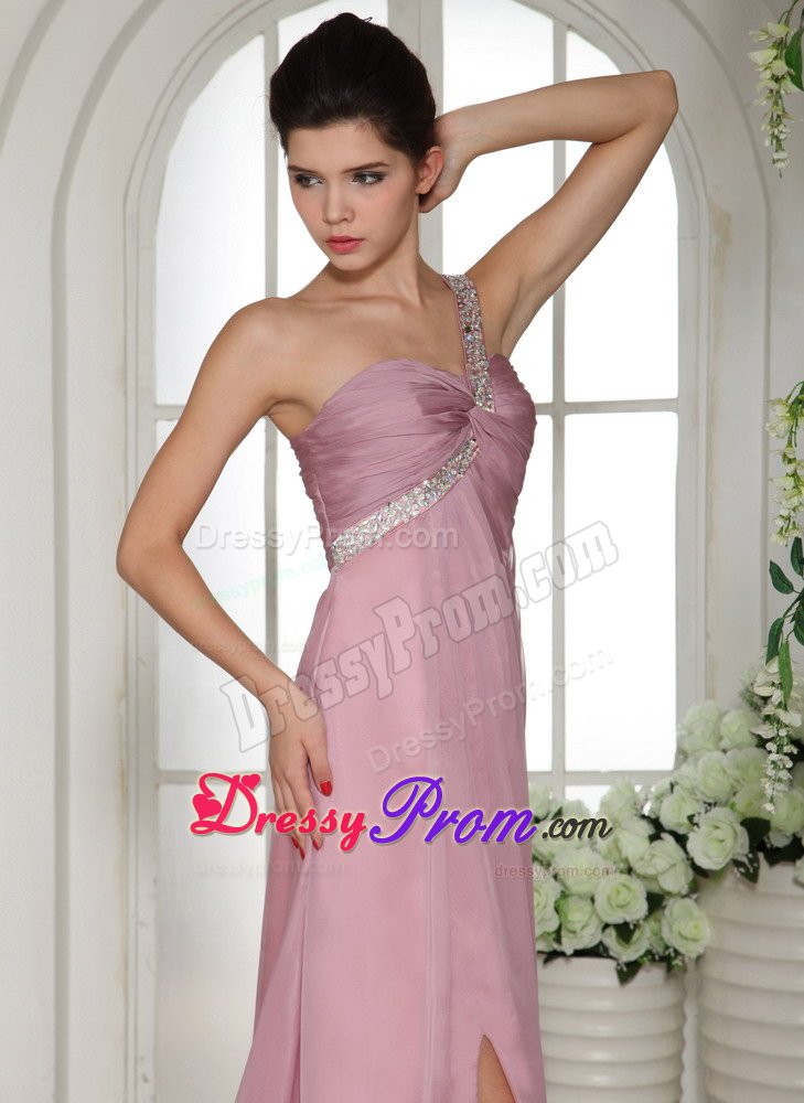 Ruched and Beaded One Shoulder Pink Brush Prom Graduation Dress