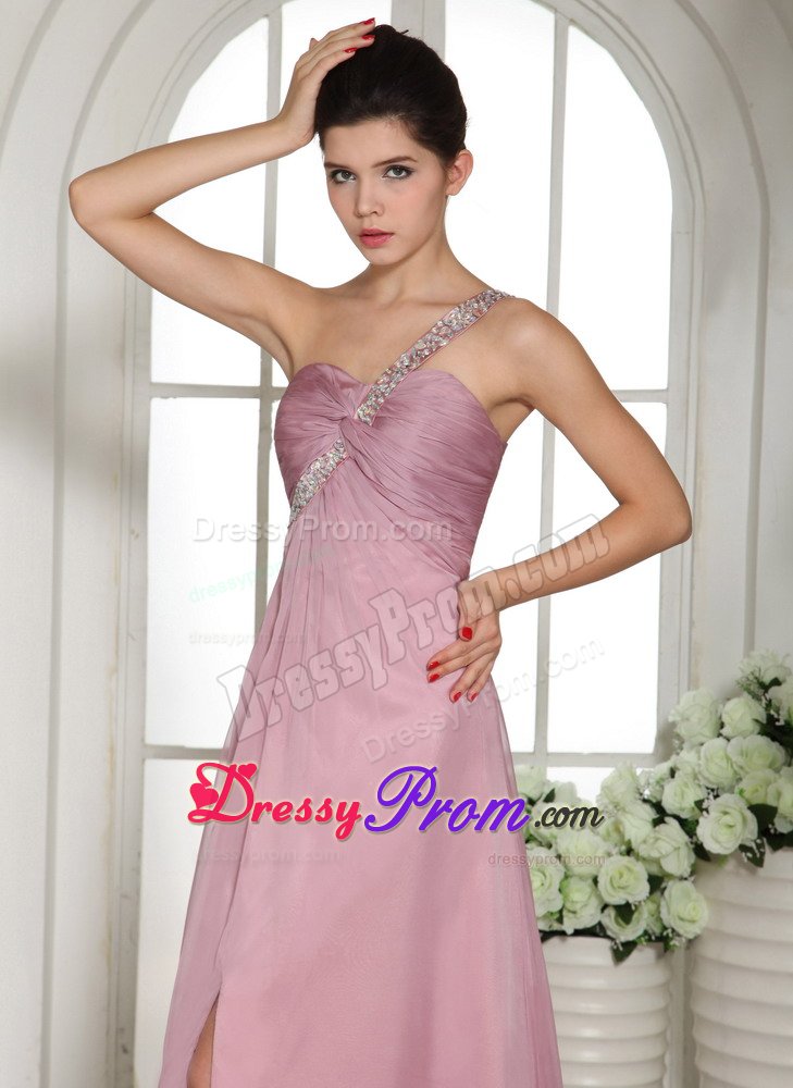 Ruched and Beaded One Shoulder Pink Brush Prom Graduation Dress
