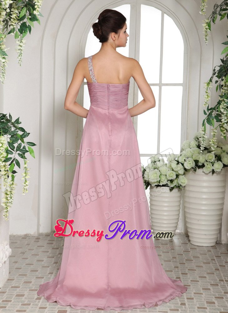 Ruched and Beaded One Shoulder Pink Brush Prom Graduation Dress
