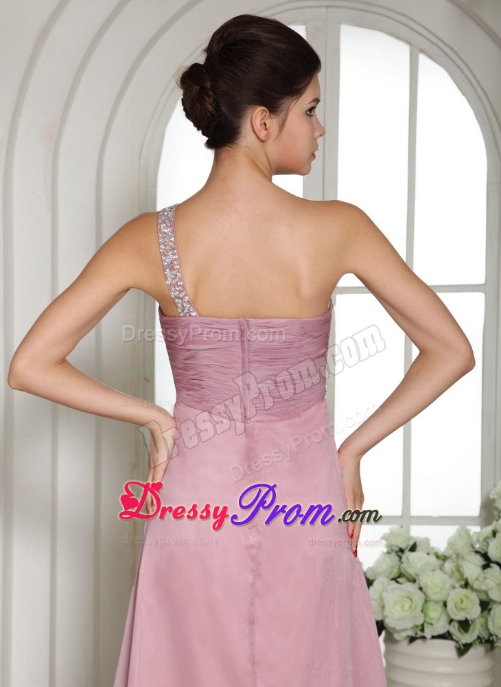 Ruched and Beaded One Shoulder Pink Brush Prom Graduation Dress