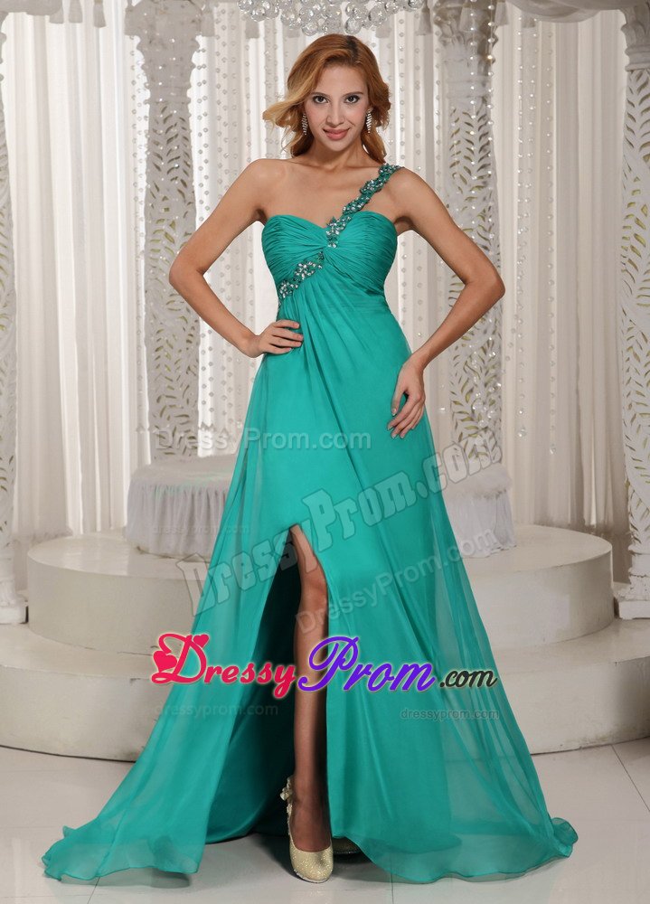 Appliqued and Ruched Turquoise High Slit Prom Holiday Dresses