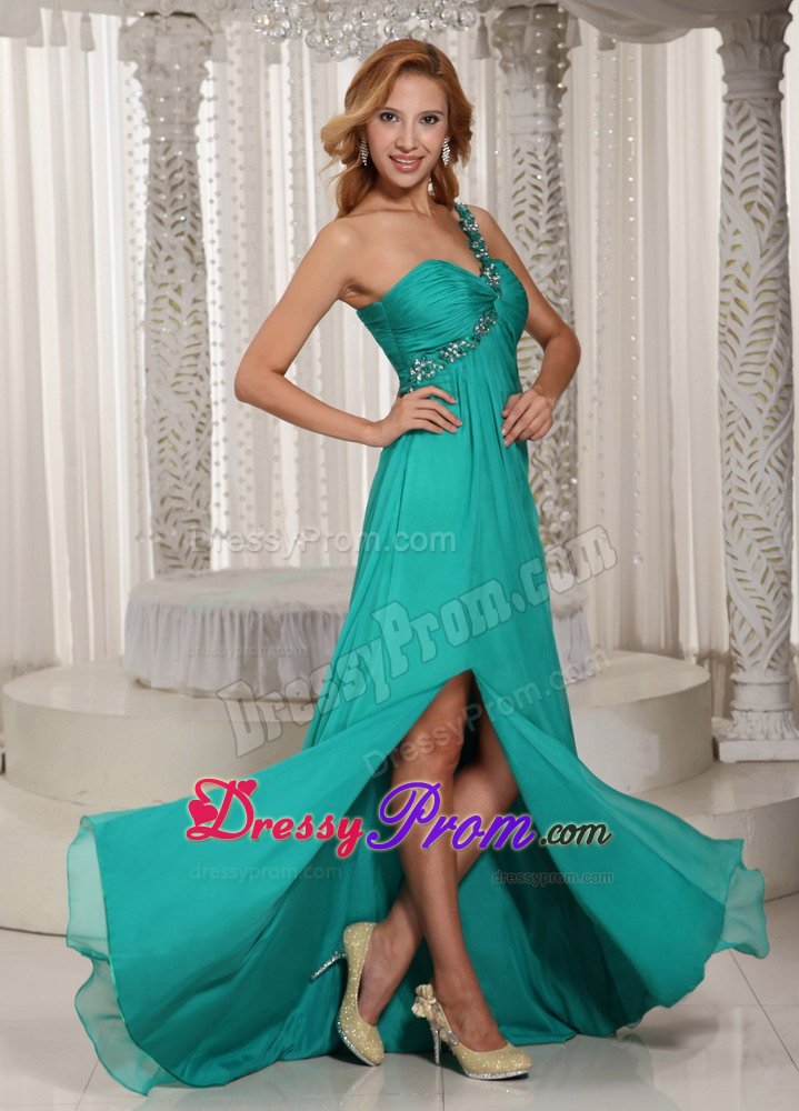 Appliqued and Ruched Turquoise High Slit Prom Holiday Dresses