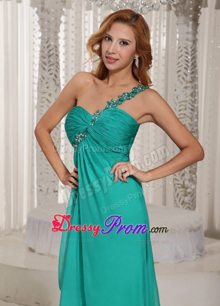 Appliqued and Ruched Turquoise High Slit Prom Holiday Dresses