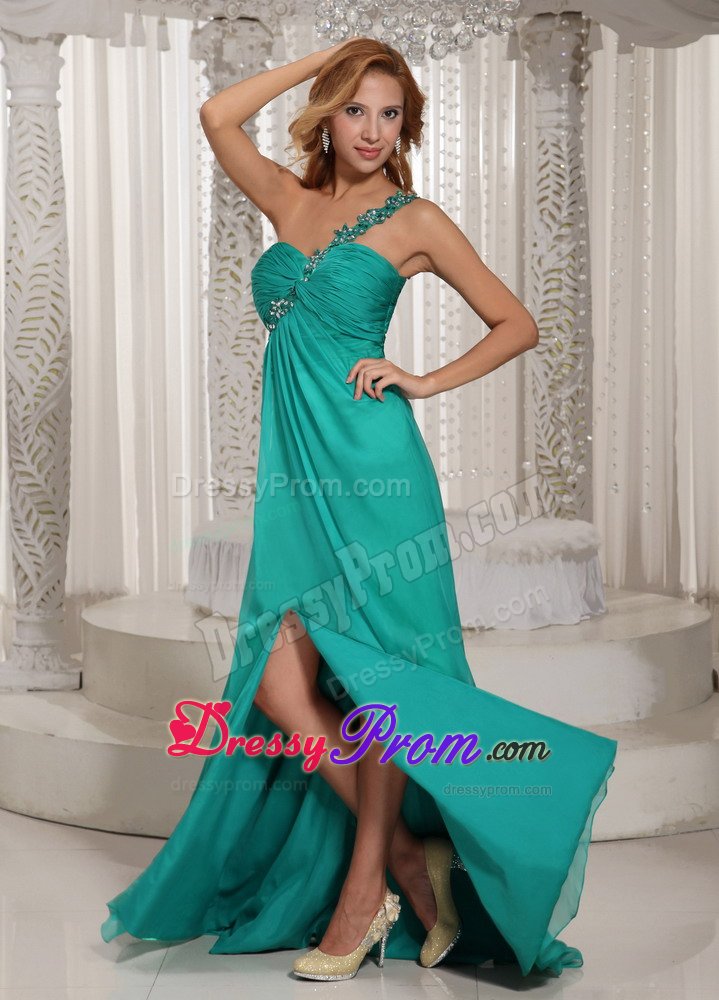 Appliqued and Ruched Turquoise High Slit Prom Holiday Dresses
