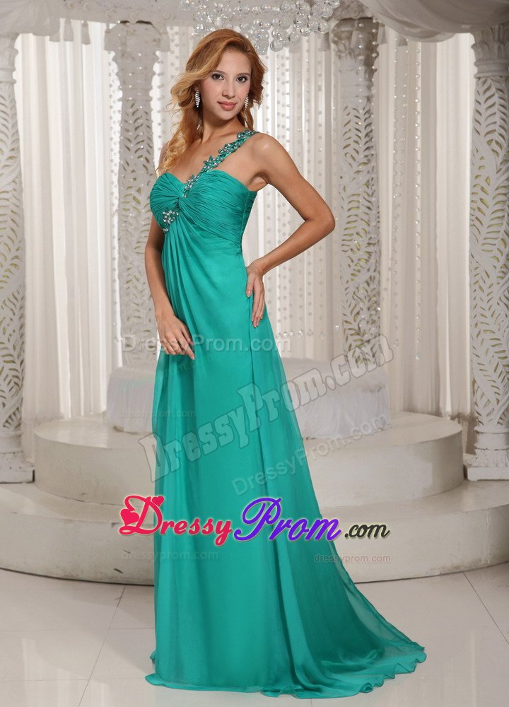 Appliqued and Ruched Turquoise High Slit Prom Holiday Dresses