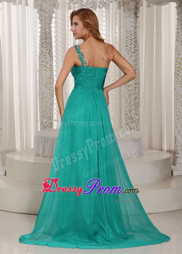 Appliqued and Ruched Turquoise High Slit Prom Holiday Dresses