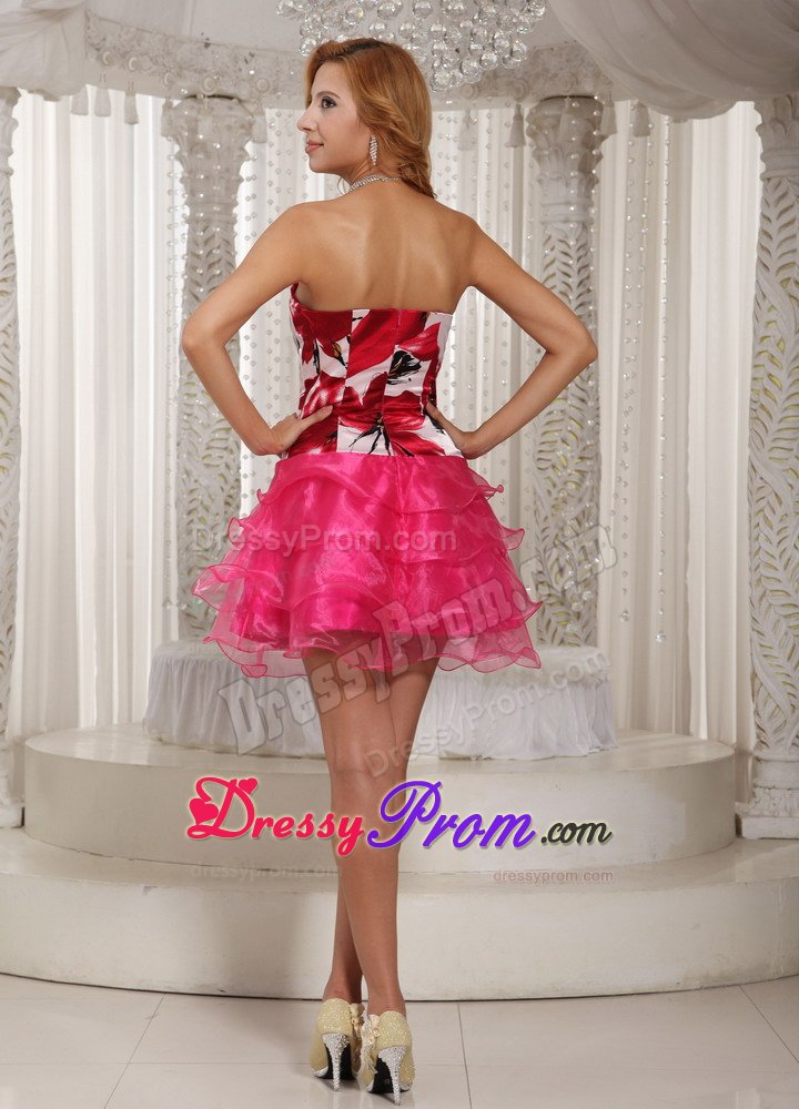 Hot Pink Sweetheart Mini Prom Holiday Dress with Print and Layers