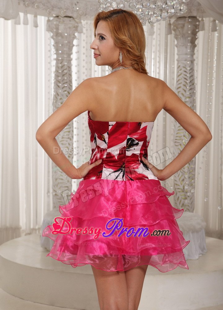 Hot Pink Sweetheart Mini Prom Holiday Dress with Print and Layers