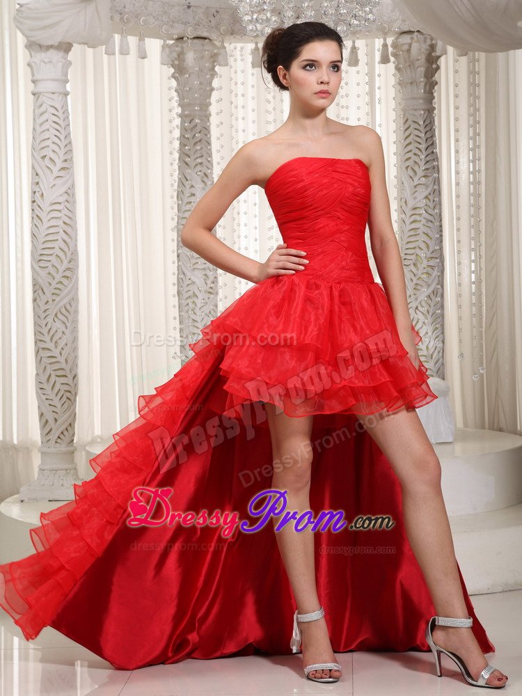 Ruffled and Ruched Red Prom Evening Dress with Detachable Train