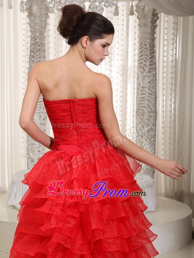 Ruffled and Ruched Red Prom Evening Dress with Detachable Train
