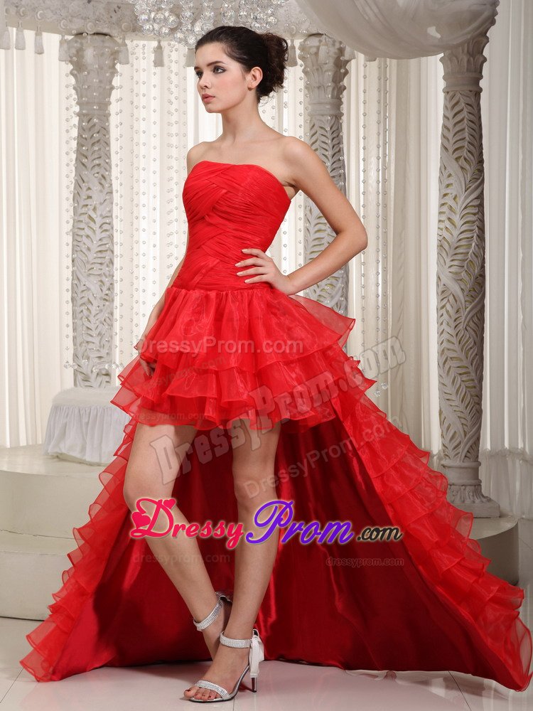 Ruffled and Ruched Red Prom Evening Dress with Detachable Train