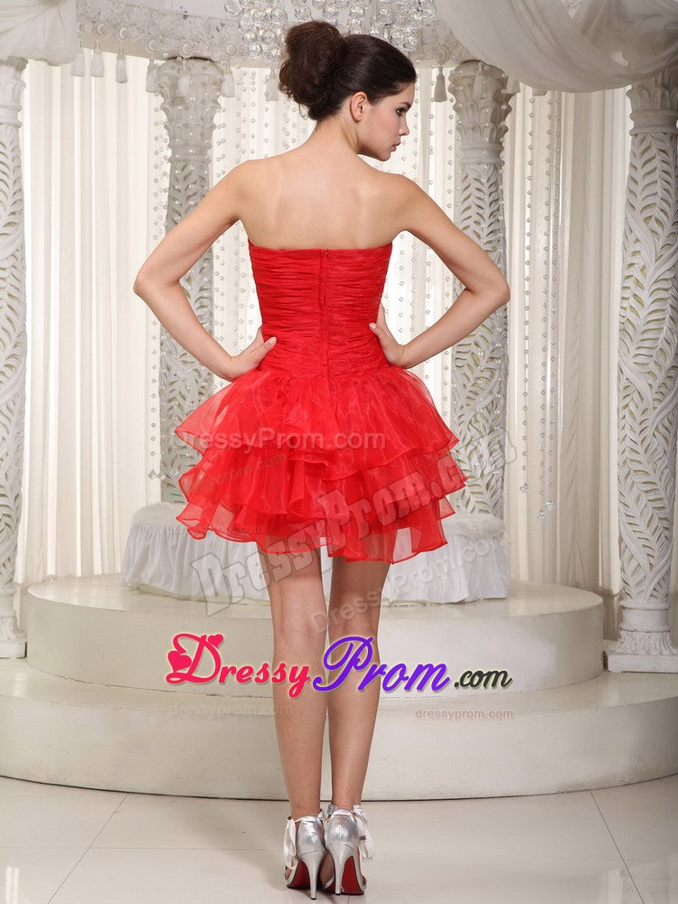 Ruffled and Ruched Red Prom Evening Dress with Detachable Train