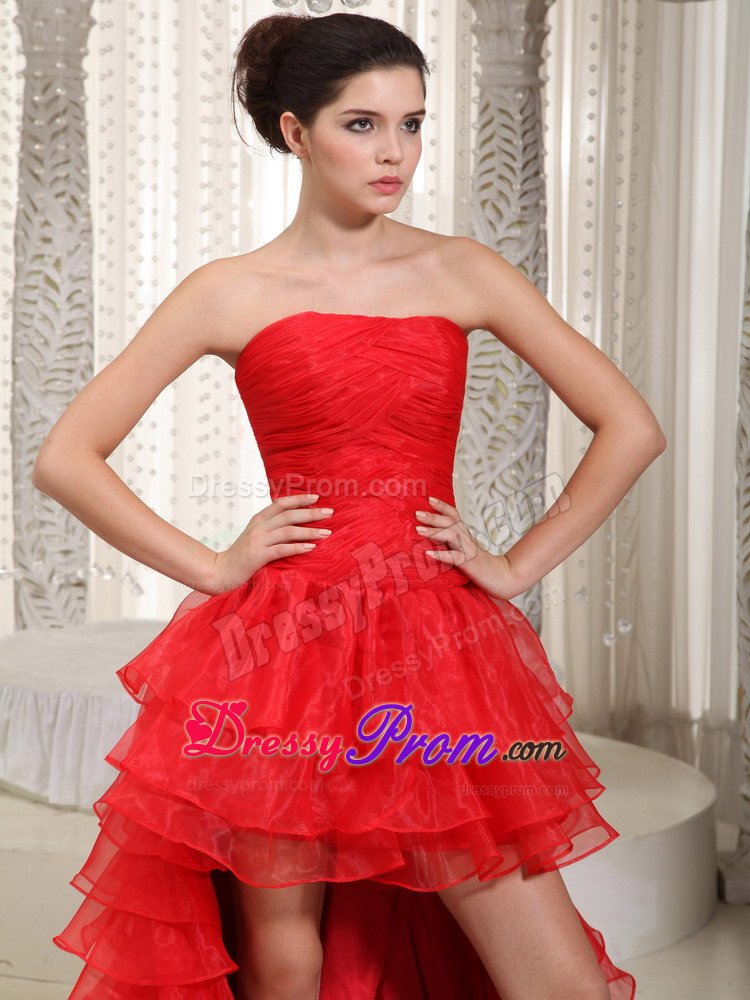 Ruffled and Ruched Red Prom Evening Dress with Detachable Train
