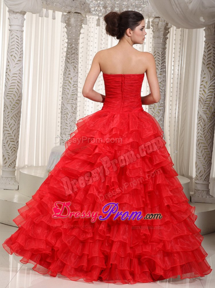 Ruffled and Ruched Red Prom Evening Dress with Detachable Train