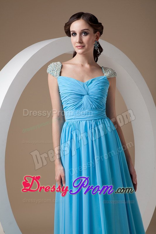 Square Ruched and Beaded Blue Brush Chiffon Prom Party Dresses