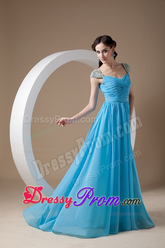 Square Ruched and Beaded Blue Brush Chiffon Prom Party Dresses