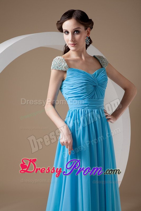 Square Ruched and Beaded Blue Brush Chiffon Prom Party Dresses