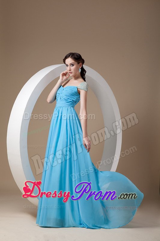 Square Ruched and Beaded Blue Brush Chiffon Prom Party Dresses