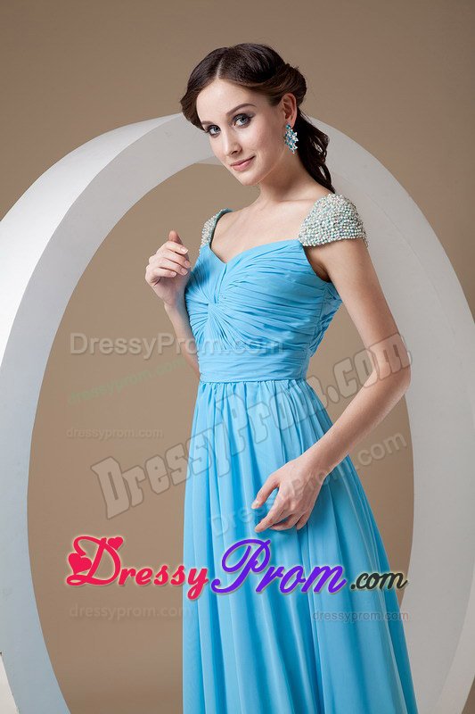 Square Ruched and Beaded Blue Brush Chiffon Prom Party Dresses