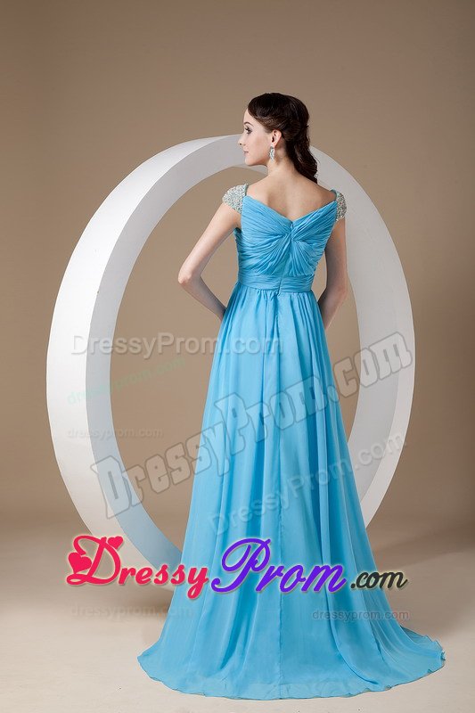 Square Ruched and Beaded Blue Brush Chiffon Prom Party Dresses