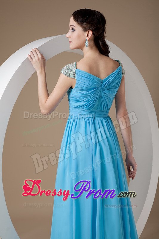 Square Ruched and Beaded Blue Brush Chiffon Prom Party Dresses