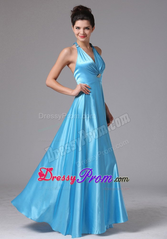 Baby Blue Empire Halter Prom Formal Dress with Beading and Ruches