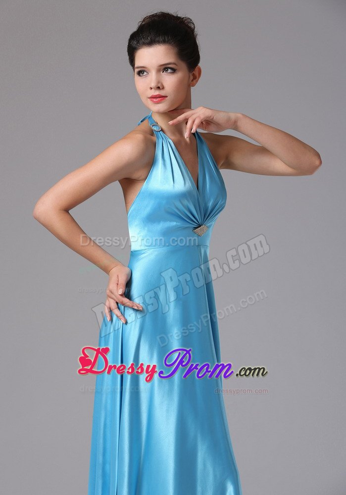 Baby Blue Empire Halter Prom Formal Dress with Beading and Ruches