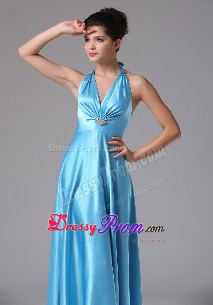 Baby Blue Empire Halter Prom Formal Dress with Beading and Ruches