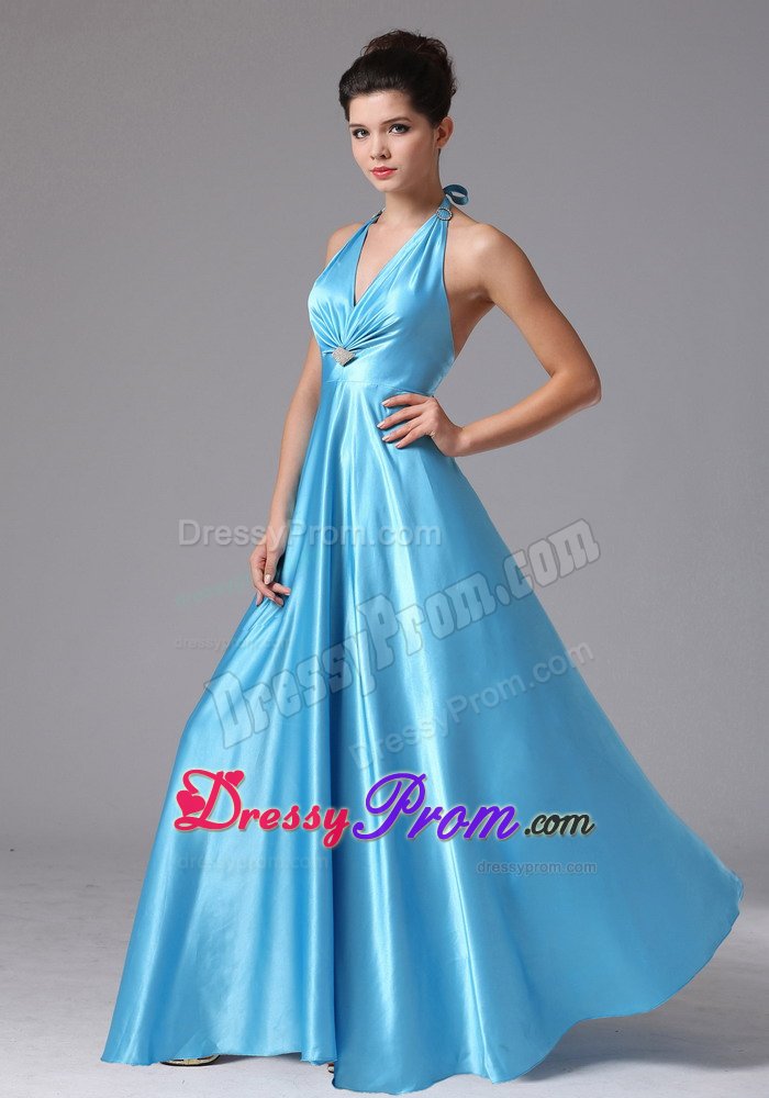 Baby Blue Empire Halter Prom Formal Dress with Beading and Ruches