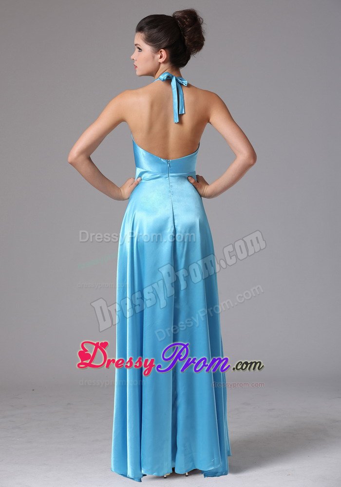 Baby Blue Empire Halter Prom Formal Dress with Beading and Ruches