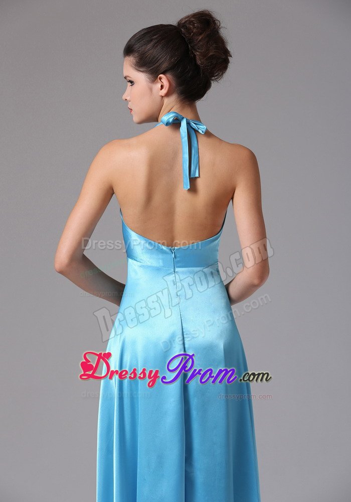 Baby Blue Empire Halter Prom Formal Dress with Beading and Ruches
