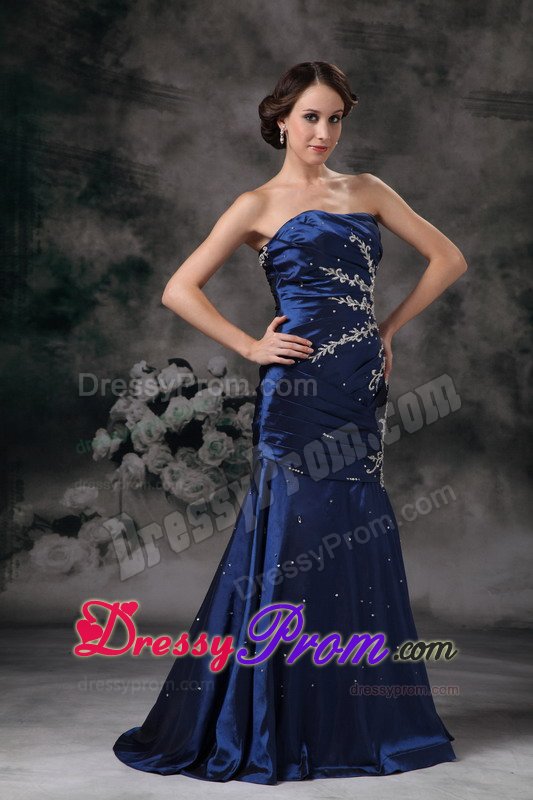 Royal Blue Mermaid Strapless Prom Formal Dress with Appliques 2014