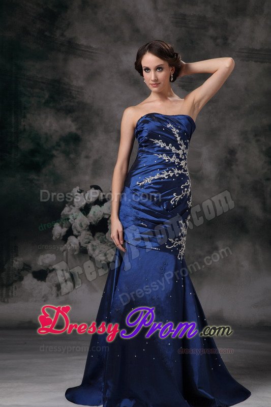 Royal Blue Mermaid Strapless Prom Formal Dress with Appliques 2014