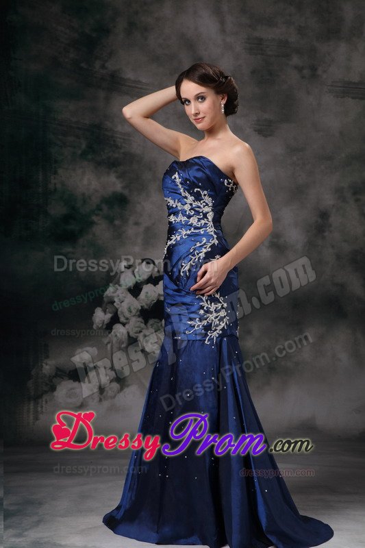 Royal Blue Mermaid Strapless Prom Formal Dress with Appliques 2014