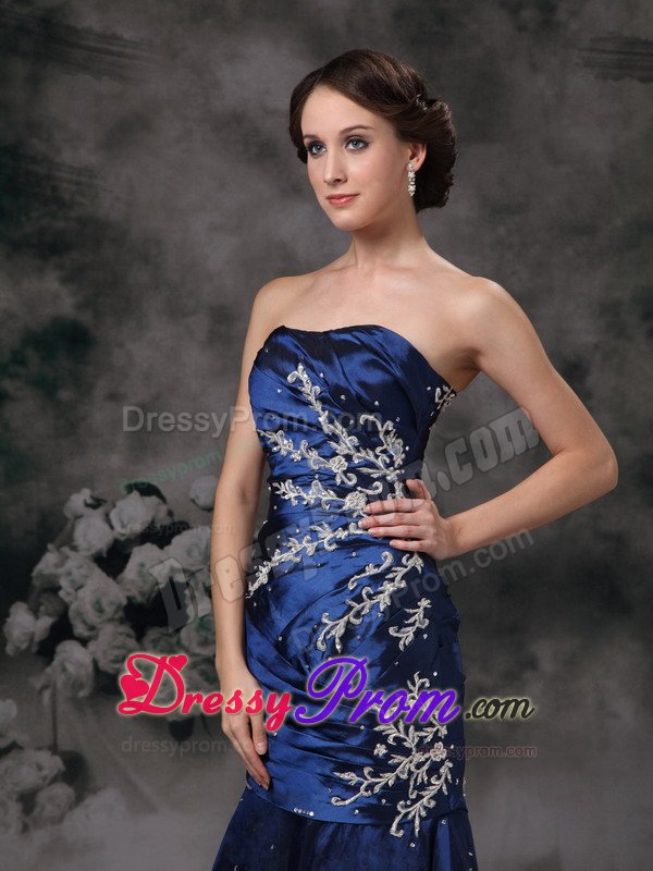 Royal Blue Mermaid Strapless Prom Formal Dress with Appliques 2014