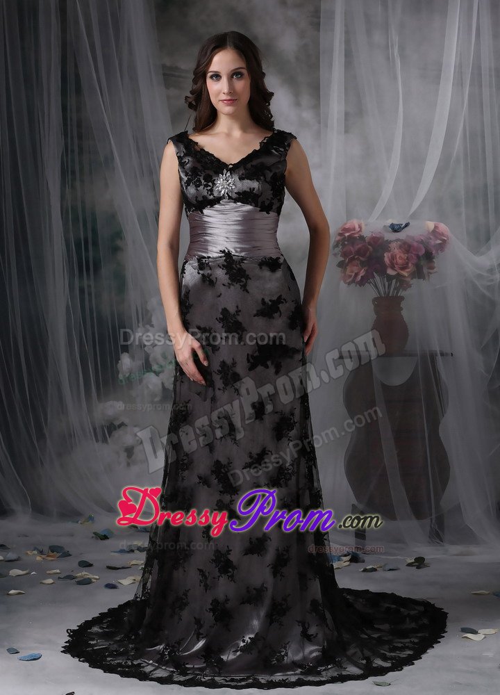 Beaded and Ruched Black Lace Brush Train V-neck Prom Formal Dress