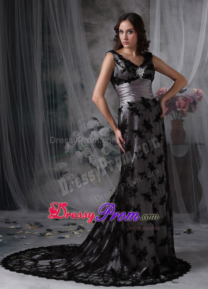Beaded and Ruched Black Lace Brush Train V-neck Prom Formal Dress