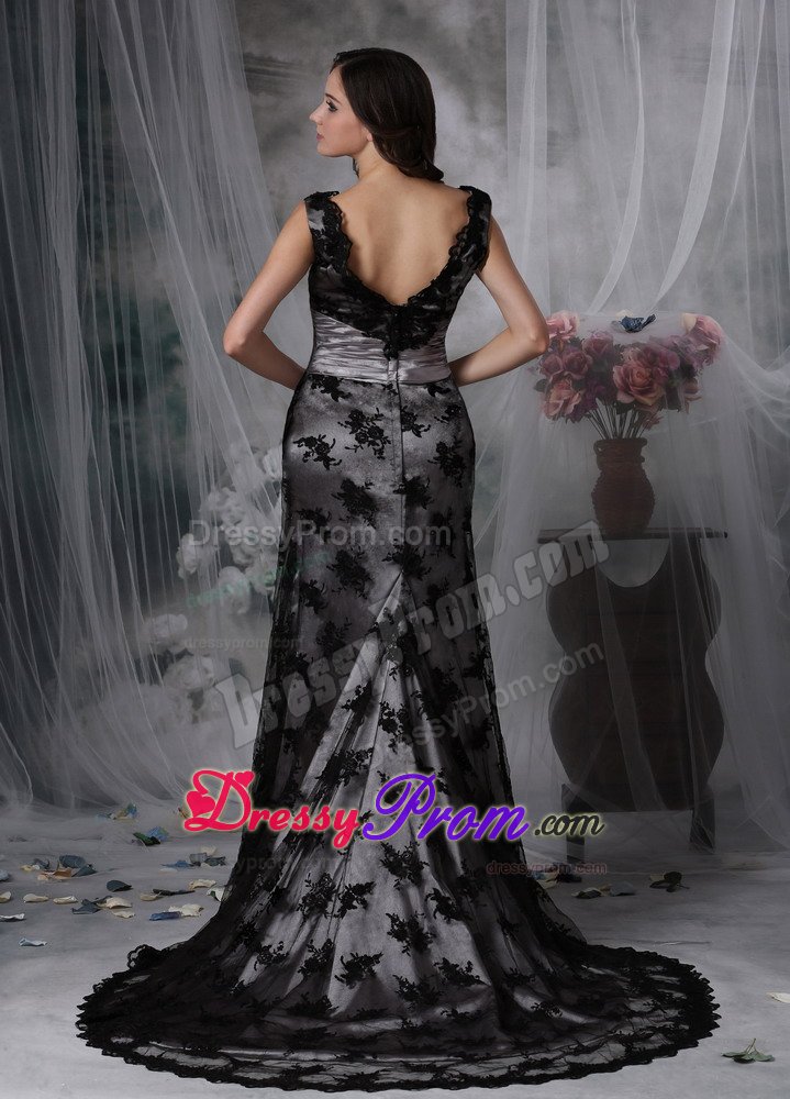 Beaded and Ruched Black Lace Brush Train V-neck Prom Formal Dress