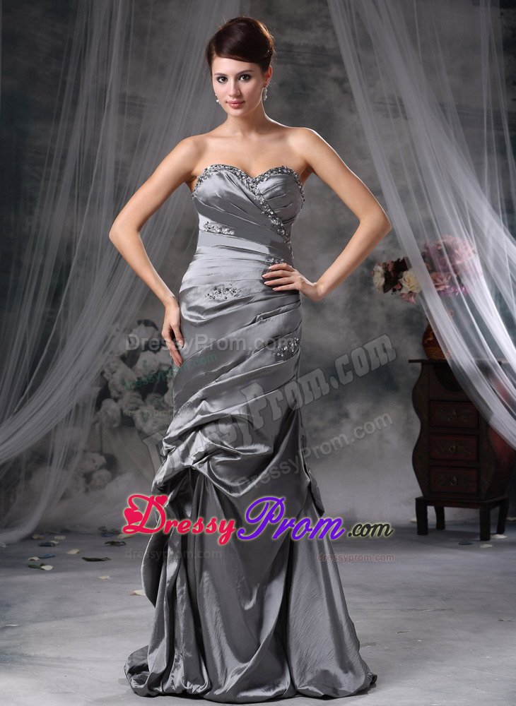 Beading and Ruches Accent Gray Prom Formal Dress of Floor Length