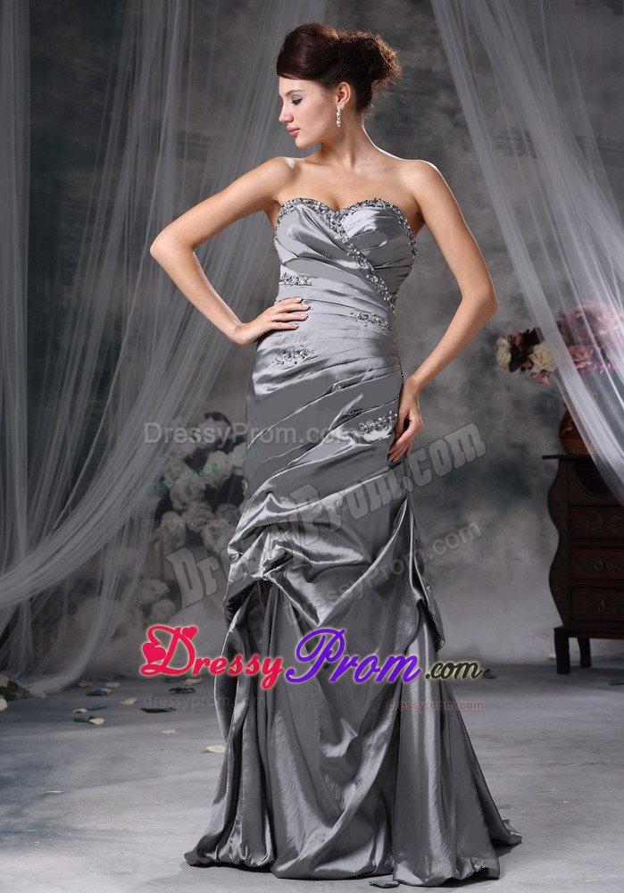 Beading and Ruches Accent Gray Prom Formal Dress of Floor Length
