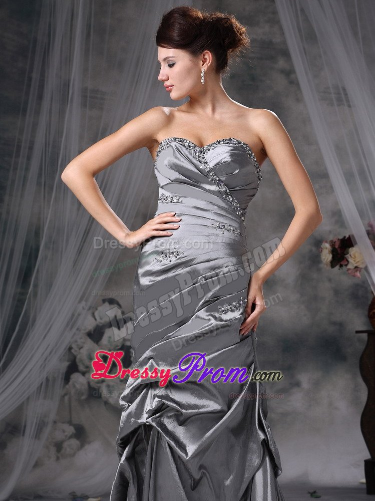 Beading and Ruches Accent Gray Prom Formal Dress of Floor Length