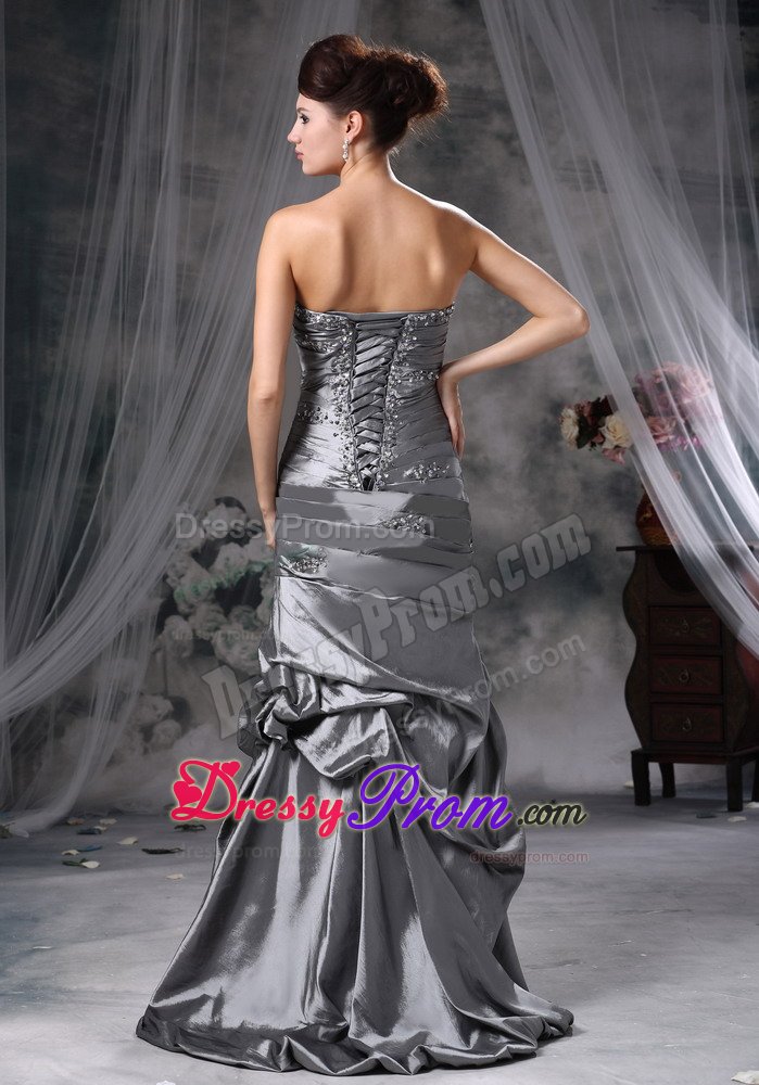 Beading and Ruches Accent Gray Prom Formal Dress of Floor Length