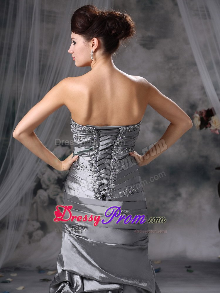 Beading and Ruches Accent Gray Prom Formal Dress of Floor Length