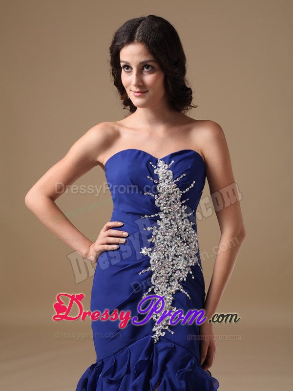 Appliqued Royal Blue Mermaid Prom Formal Dress with Ruffled Layers