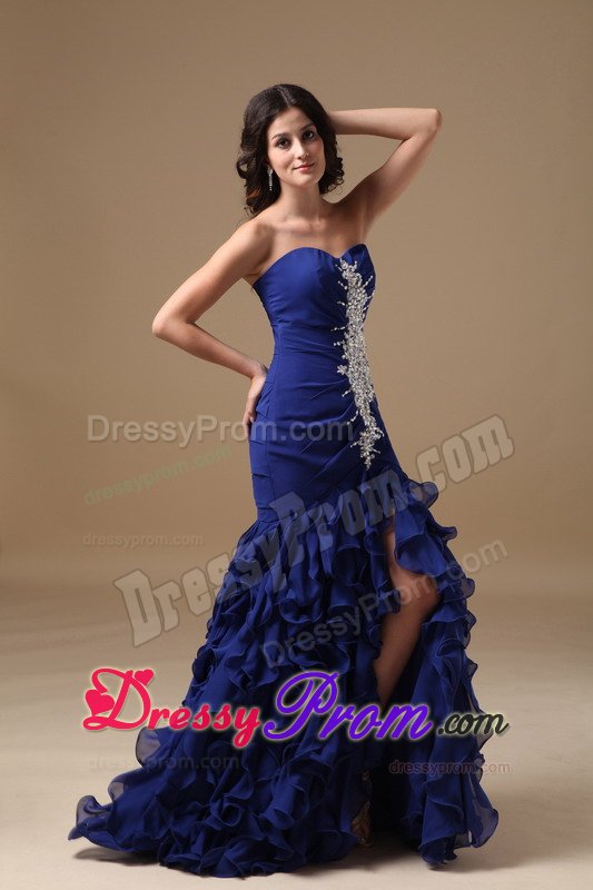 Appliqued Royal Blue Mermaid Prom Formal Dress with Ruffled Layers